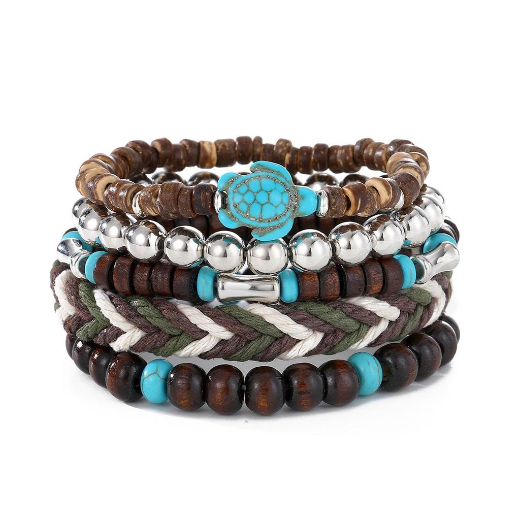 Boho Multi-Layer Kokosnussschale & Perlen Schmetterling Leder Armband Set für Männer