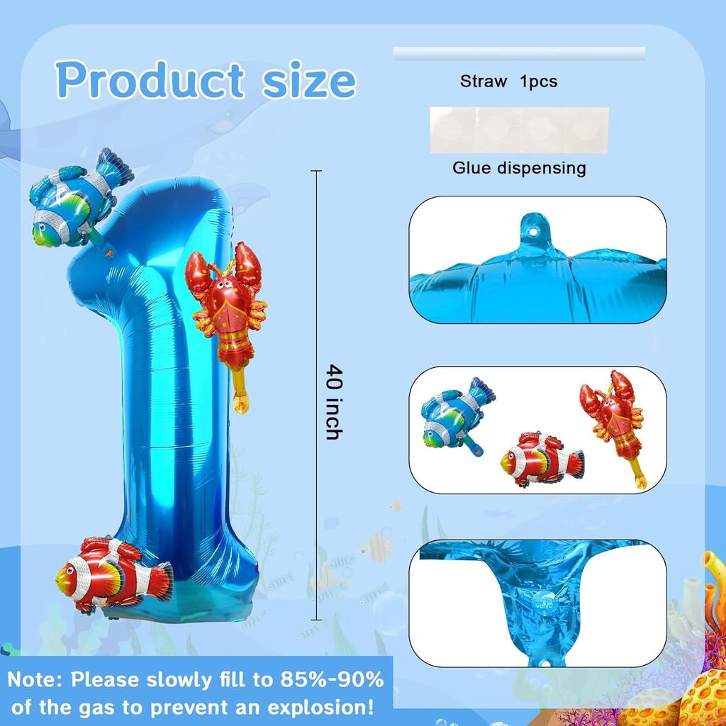40 Inch Under the Sea Blue Number 1 Balloon, Mini Sea Animal Balloons Ocean Animal Foil Balloon, Fish Crawfish Balloons for Boys Girls Ocean Theme