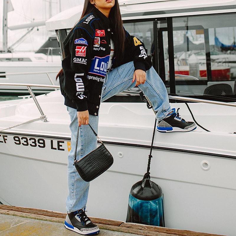 Womens Oversized Black Printed Streetwear Windbreaker Jacket Long Sleeve Casual Cycling Outerwear