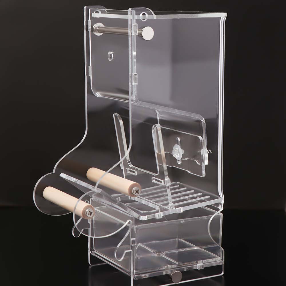 Adjustable Feeding Speed Automatic Bird Feeder Acrylic AntiSplash Parrot Feeder Convenient with Bottom Drawer