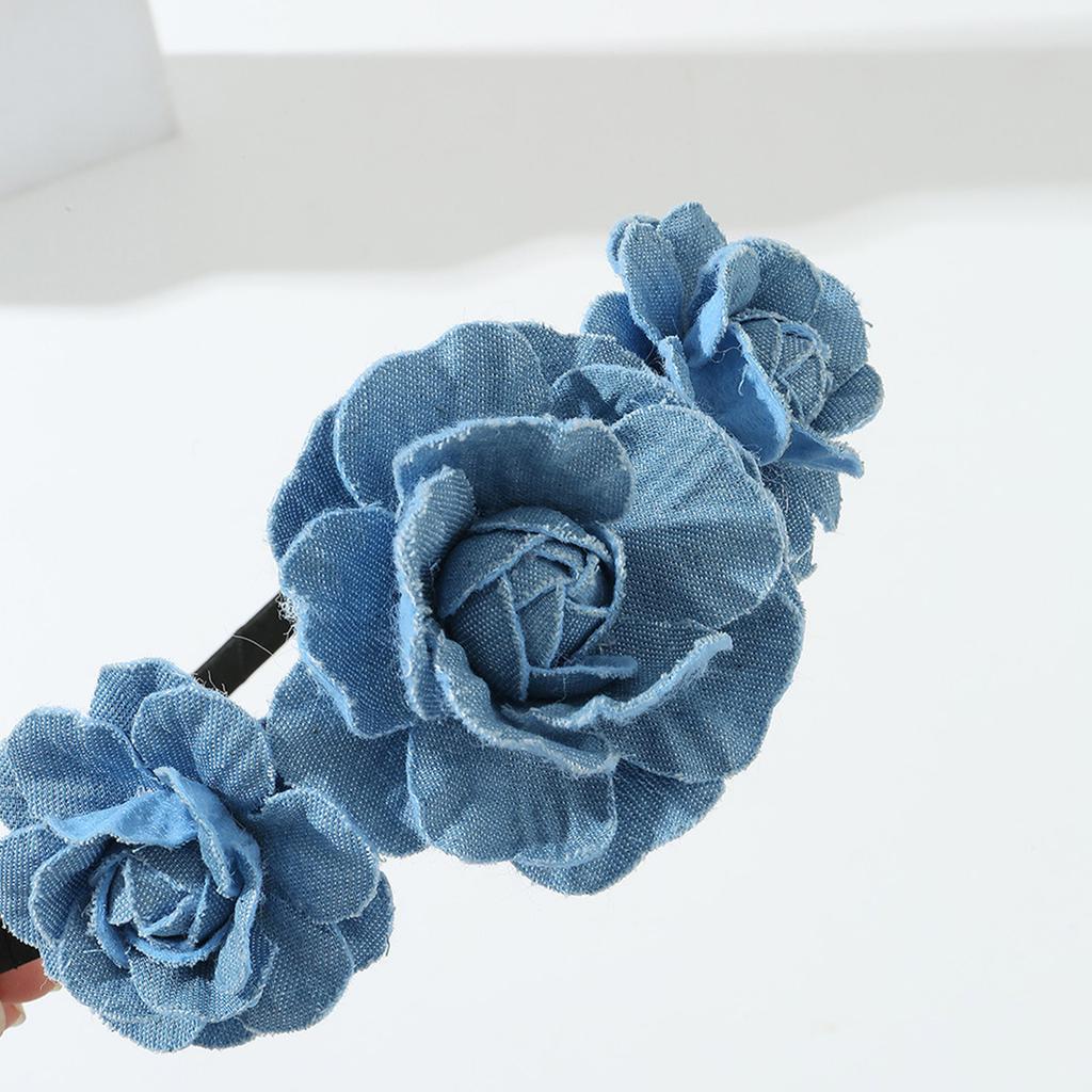 Blue Cloth Headband for Woman with Rose Shape Washed-Denim Headbands Non-slip Headbands Sweet Hairbands Yoga Supplies