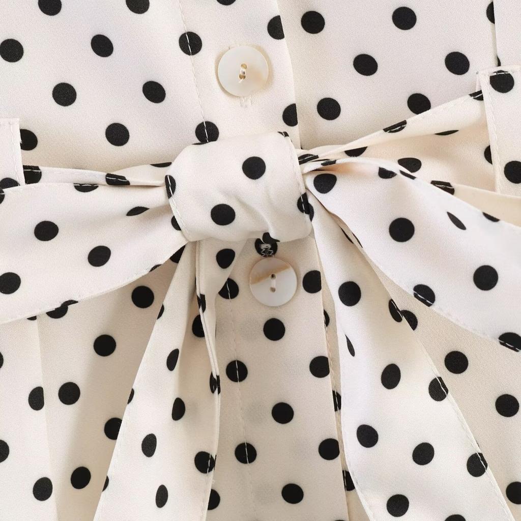 2026 spring new product European and American cross-border women's clothing street fashion polka dot belt long-sleeved top w107 8898