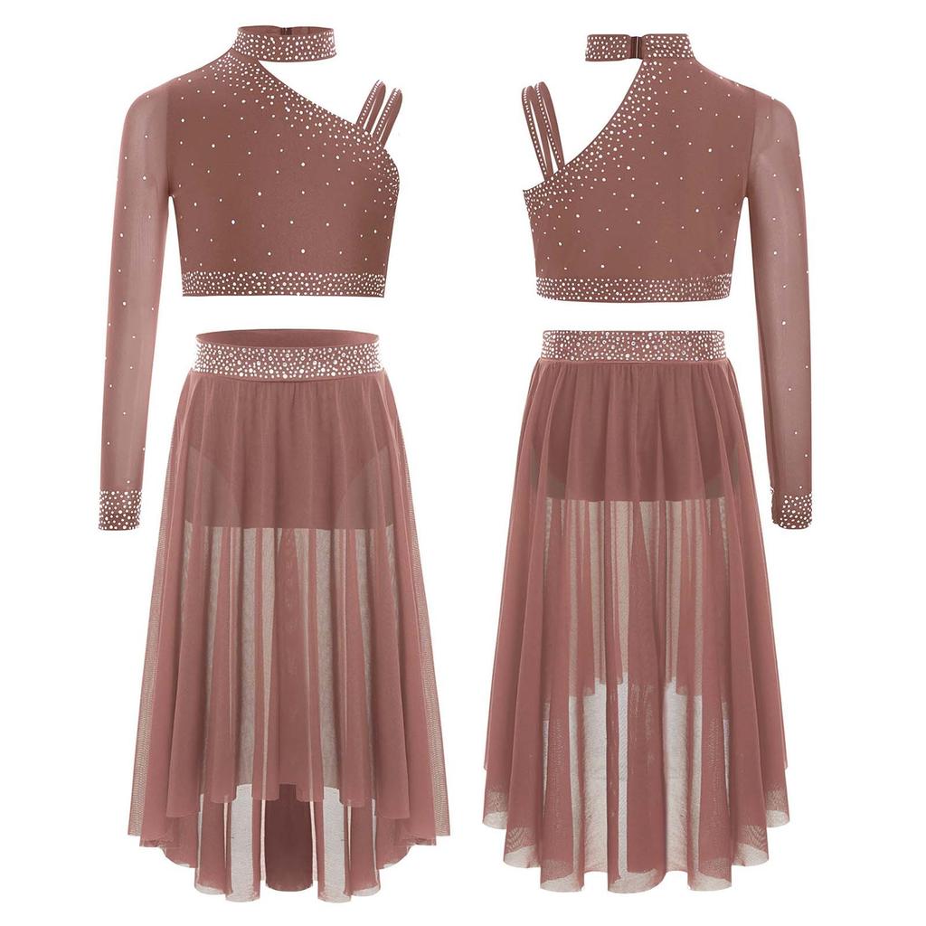 Complete Lyrical Performance Outfit for Girls Unique Shoulder Design Crop Top & Flowy Irregular Hem Mesh Skirt Set