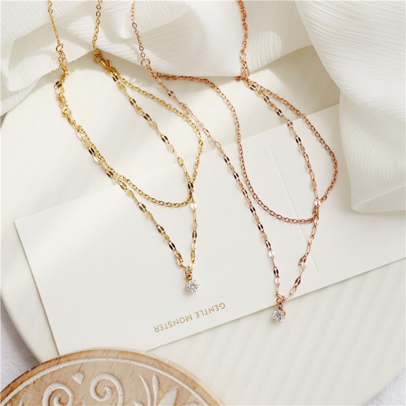 Women's Korean-Style Titanium Steel Double-Layer Diamond Necklace - Fashionable Clavicle Chain