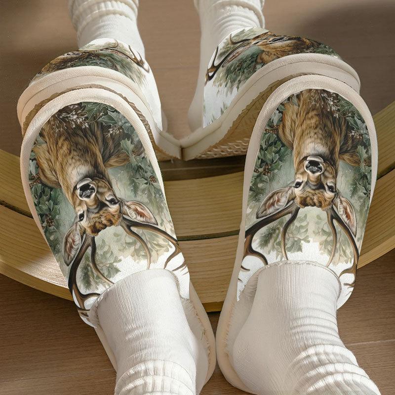 Forest Deer Pattern Cotton Slippers for Men and Women - Autumn/Winter Collection