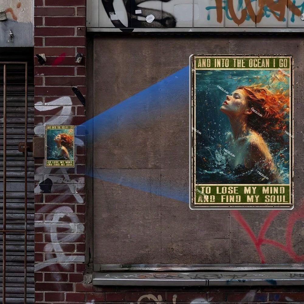 Vintage Metal Poster Nautical Wall Art Blue Green Mermaid Dive Quote Living Room Decor