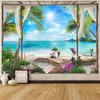 Beach Landscape Tapestry, Tropic Ocean Sea Island Palm Tree Seaside Tapestries For Living Room Summer Window Wall Hanging Island