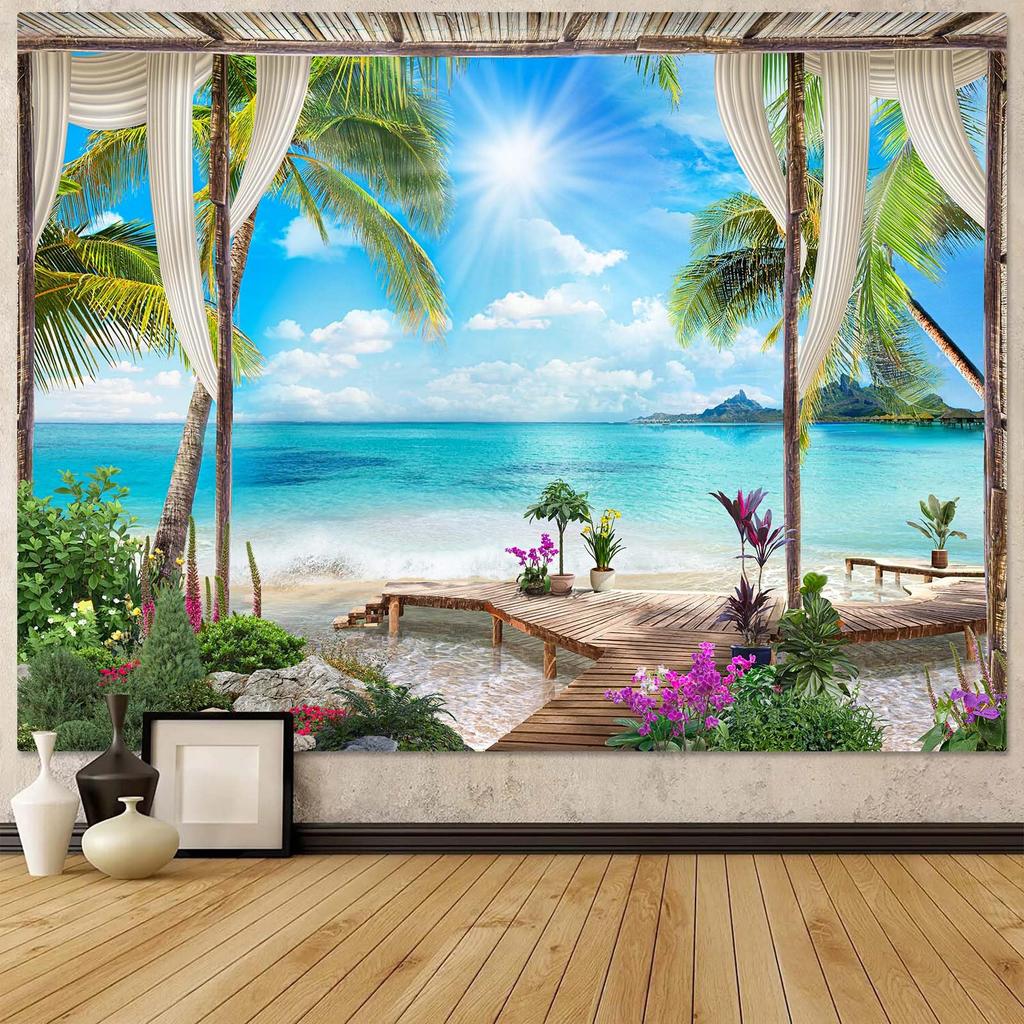 Beach Landscape Tapestry, Tropic Ocean Sea Island Palm Tree Seaside Tapestries For Living Room Summer Window Wall Hanging Island
