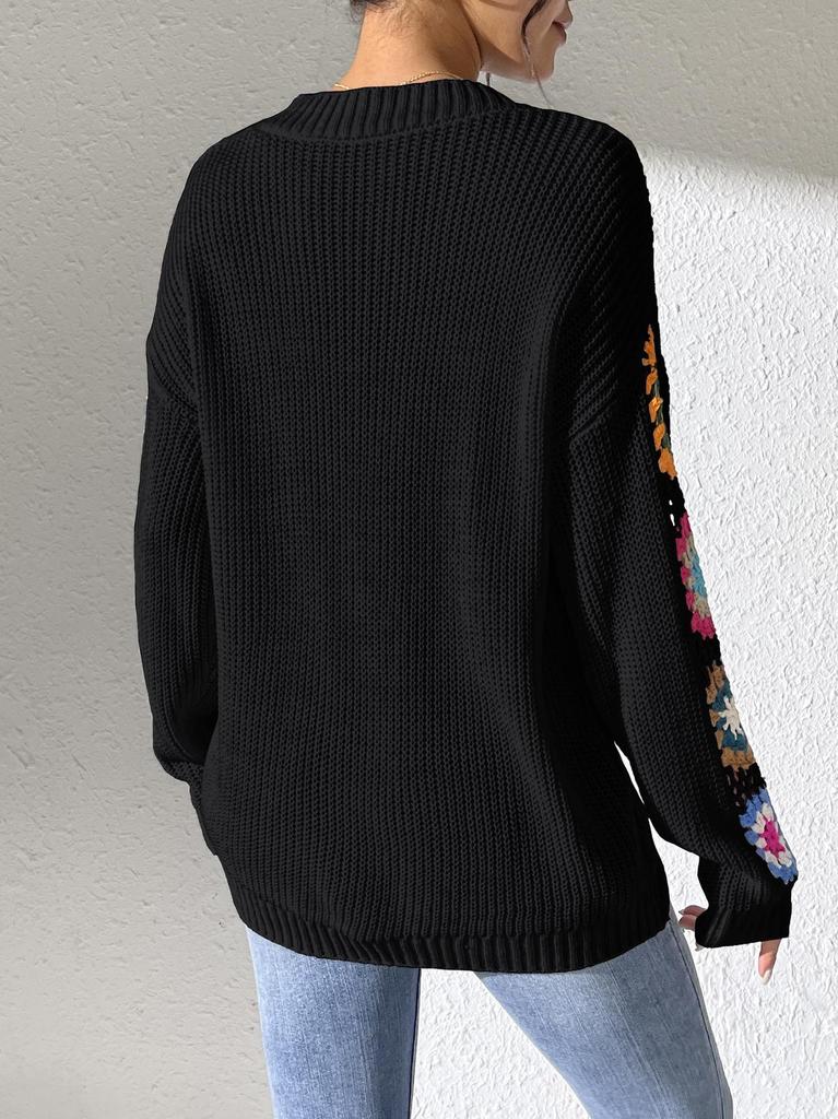 Suéter Pulóver de Punto a Mano con Cuello en V, Patchwork de Flores y Mangas