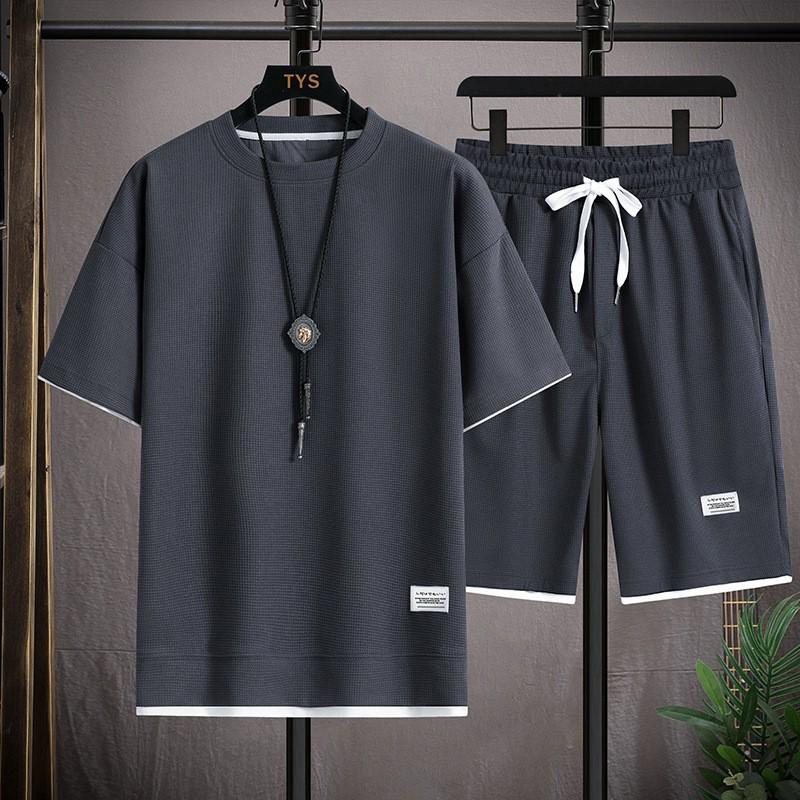 

Men s Hong Kong Style Loose Waffle Knit Casual Two-Piece Set: Short Sleeve Shirt and Shorts Small темно-серого