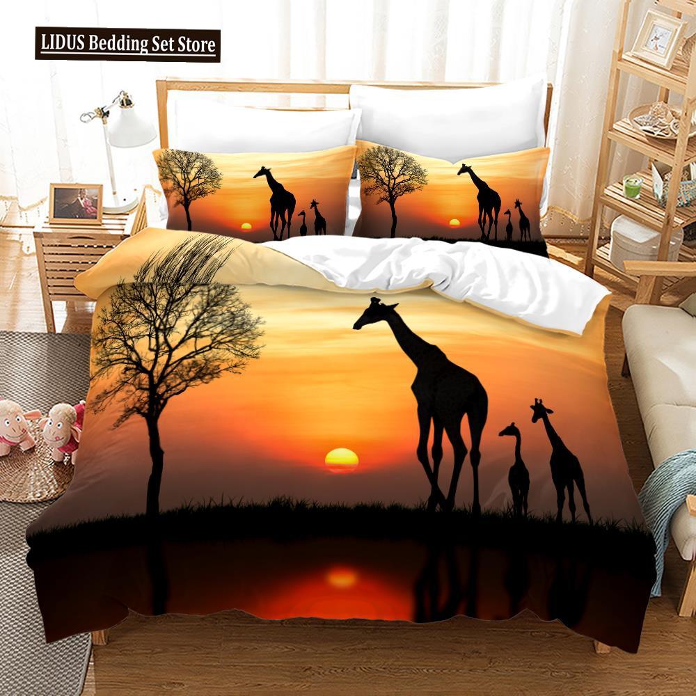Deer Duvet Cover Set King Polyester Bedding Set For Kid Children Gift Bedding Set 3D Animal Giraffe Purple Theme Comforter Cover