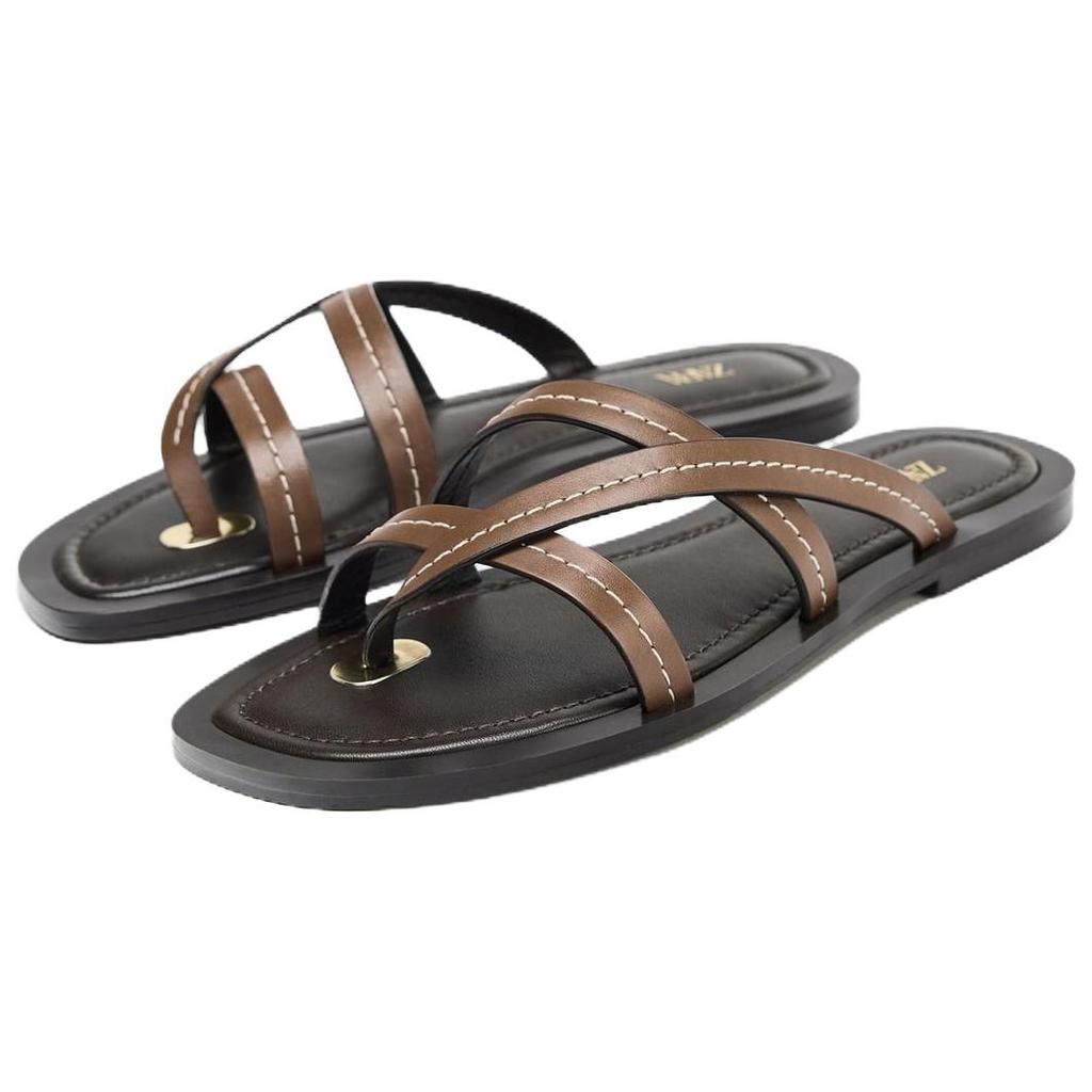 Zara Open-Toe Vintage Flat Strap Leather Sandals Women Sandals Brown 2633510105