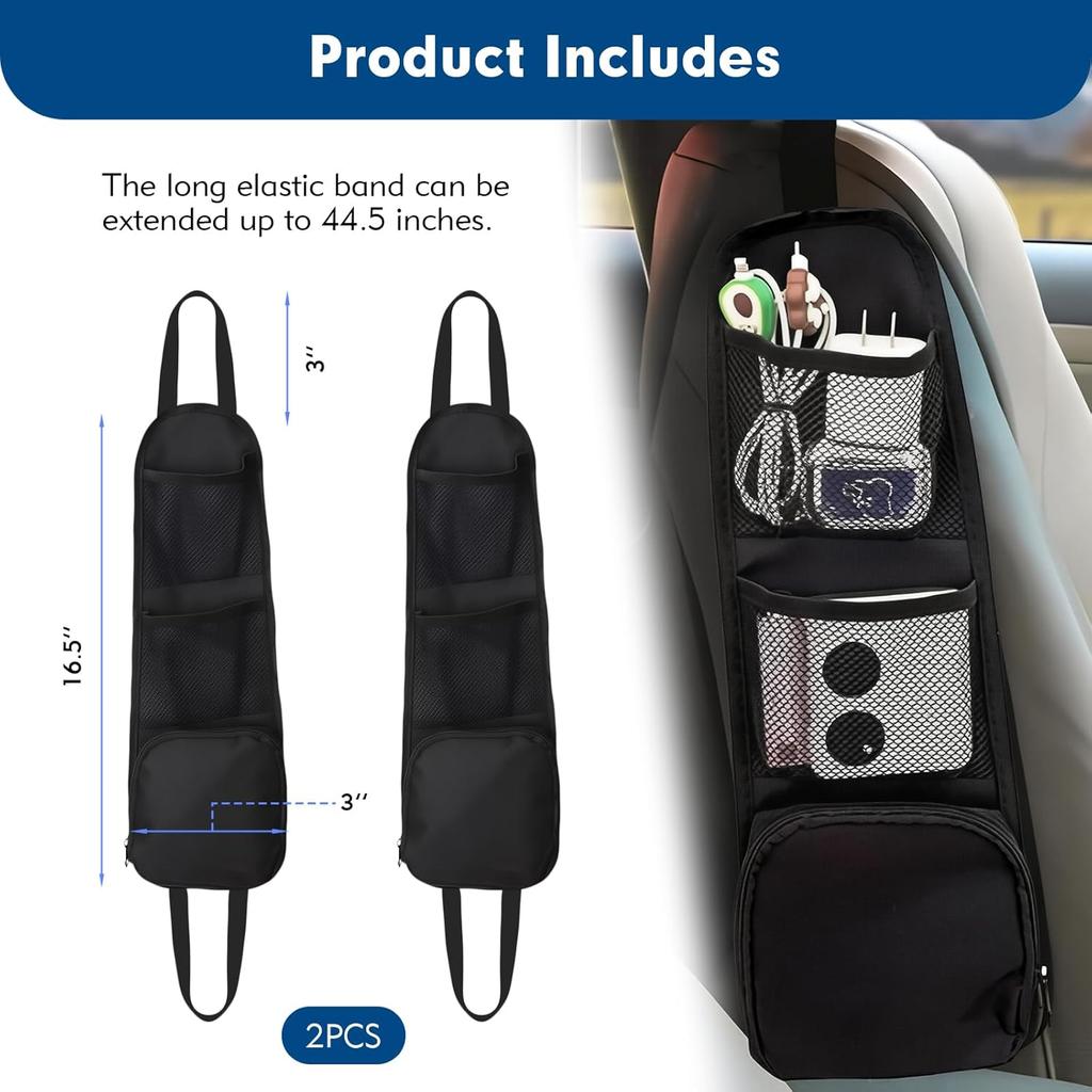 Car Organizer Front Seat, 2PCS Multi-Pocket Car Storage Organizer with Mesh Net, Durable Car Camping Essentials, Universal Car Seat Side Organizer