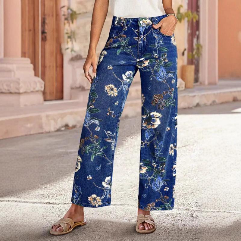 2026 Spring/Summer Women's Floral Pattern Straight High-Waisted Jeans Vintage Print Loose Wide-Leg Denim
