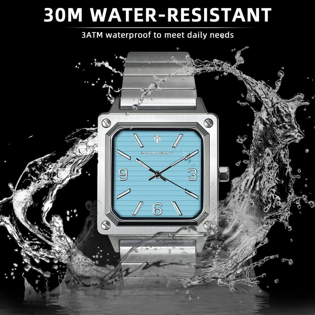 AKNIGHT Watch Popular Louvered Dial Texture Waterproof Analog Quartz Business Hand Watch Stainless Steel Day Gift Large Easy to See Square Face Men's
