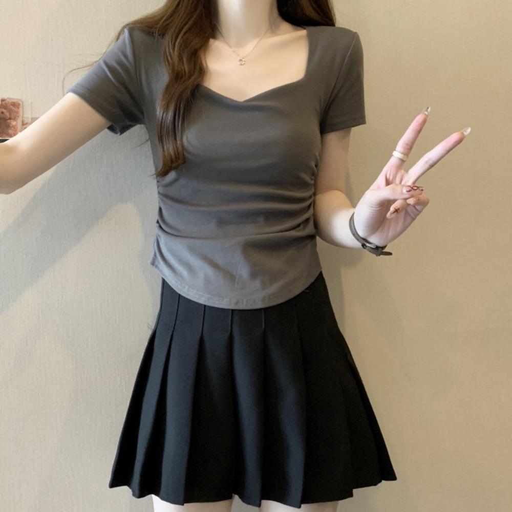 

Футболка с короткими рукавами Корейская плиссированная однотонная короткая футболка Дышащие Y2K кроп-топы Лето M темно серый