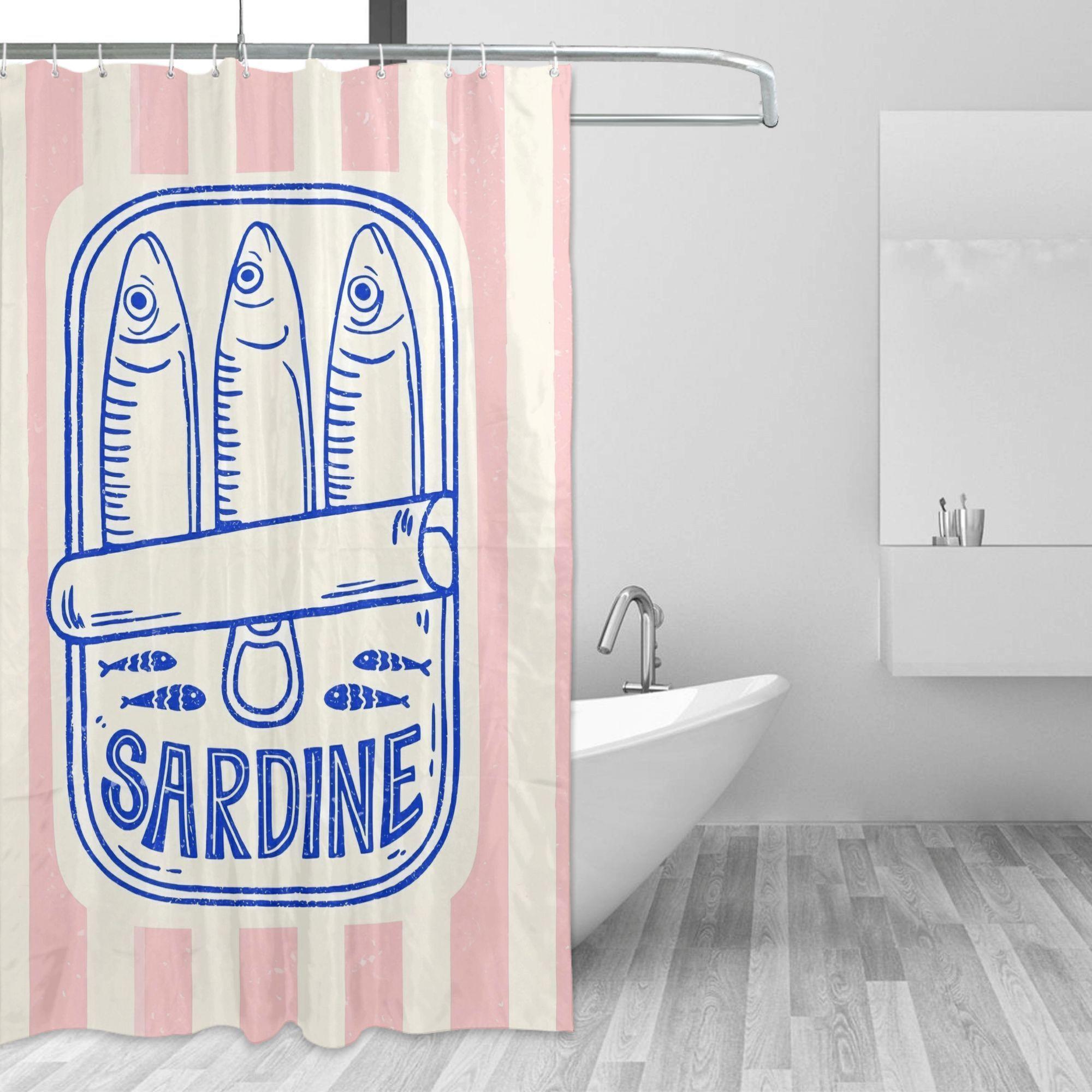 Annier Pink/White Sardine-Inspired Fashionable Shower Curtain With Hooks - Removable, & Striped Design With Fish Illustration