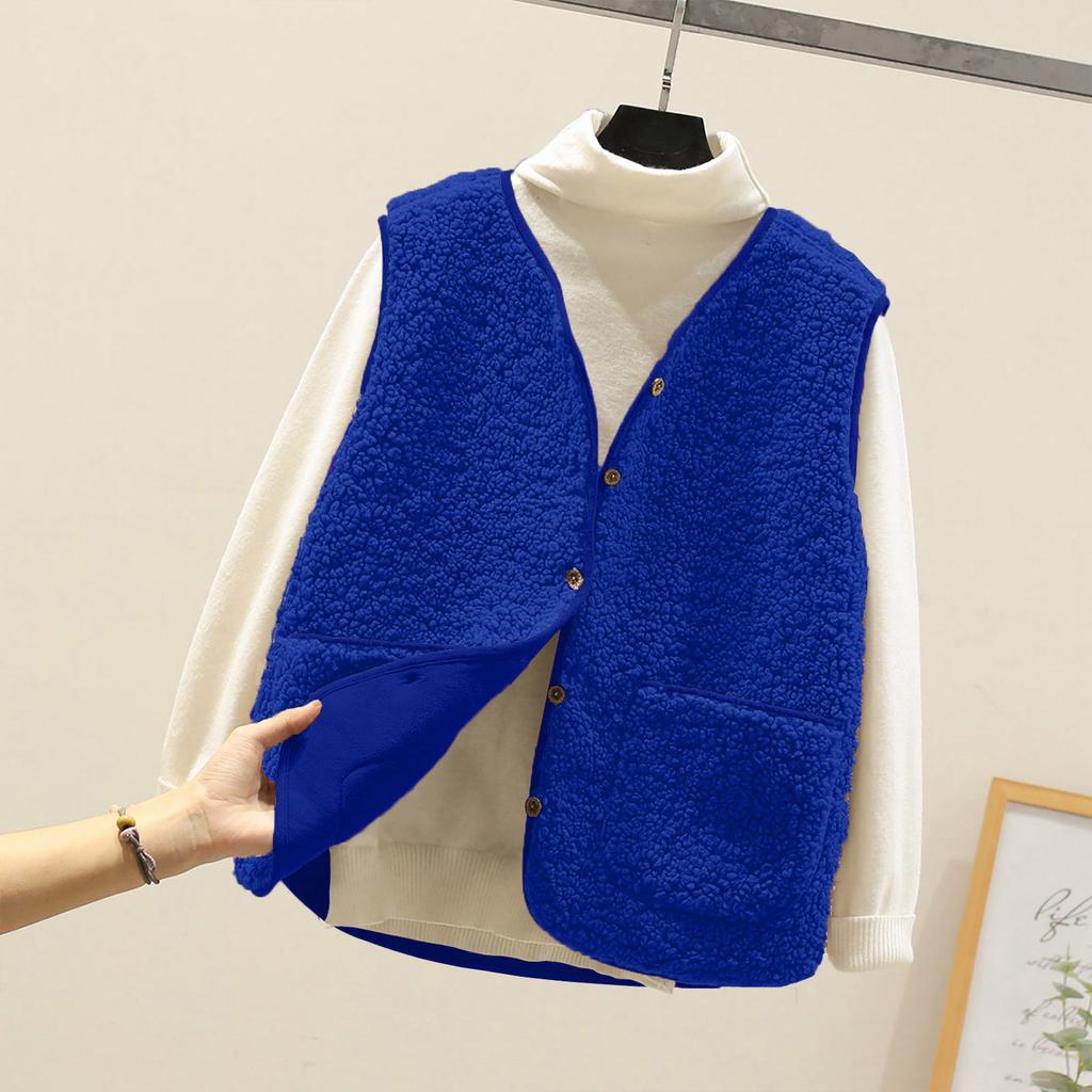 Women's V Neck Sleeveless Fleece Vest Loose Fit Casual Warm Waistcoat Jacket