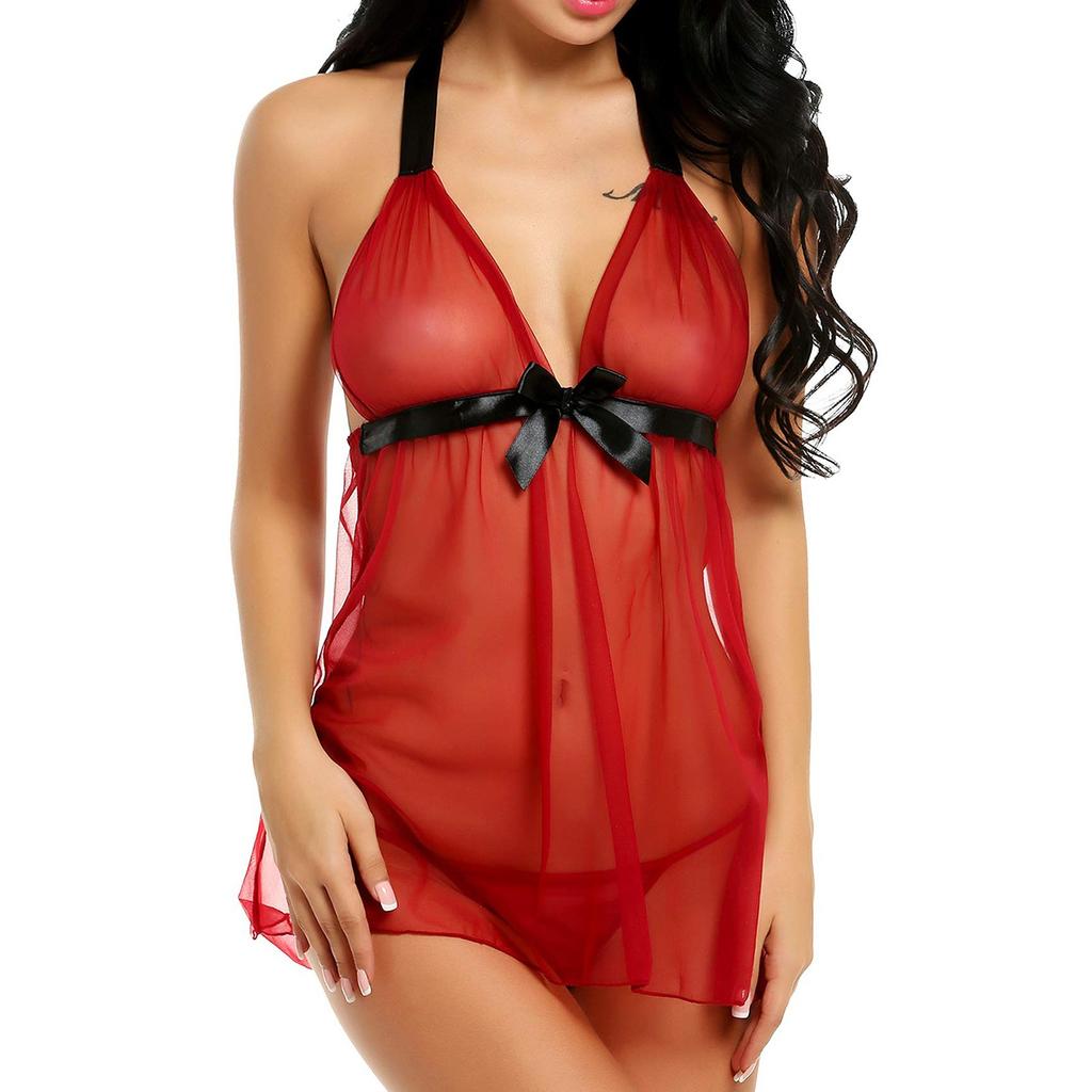 Women Sheer Mesh Lingerie Halter Neck Sleeveless Babydoll Sleepwear Nightdress with Bow Detail and Open Back Design