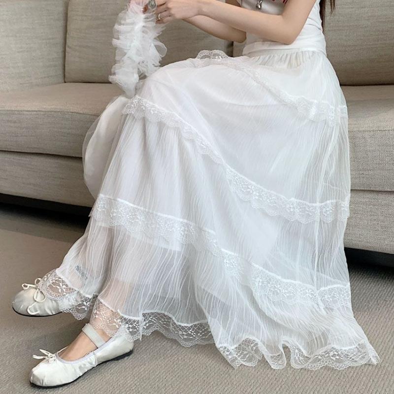 Women's White Lace-Tulle Tiered Cake Midi Skirt - Sweet Slim-Fit A-Line with Versatile Design for All Occasions