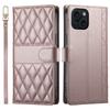 For iPhone 15 Case Rhombus Stitching Wallet Stand Leather Phone Cover with Long/Short Strap