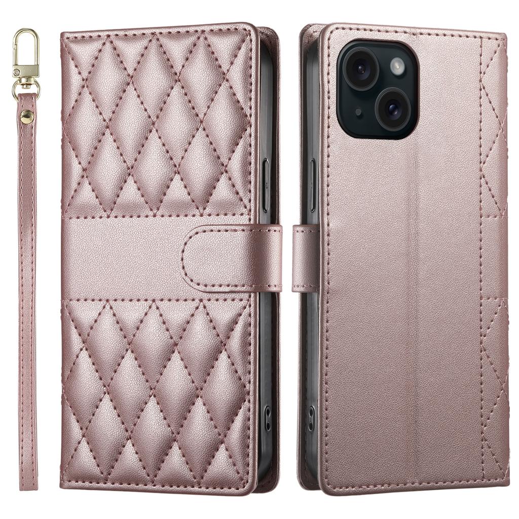 For iPhone 15 Case Rhombus Stitching Wallet Stand Leather Phone Cover with Long/Short Strap