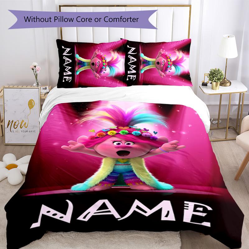 3pcs Trolls3 Cover Set - Personalized Name, HD Printed Bedding with 1 Cover and 2 Pillowcases - Perfect for Home Decor, Easy Care