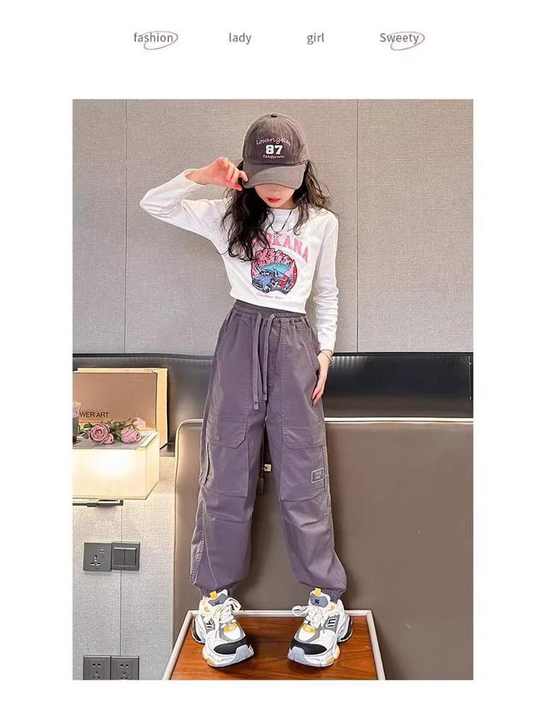 2025 Girls' Plus Velvet Cargo Pants - Elastic Ankle, Loose Fit, Autumn/Winter Comfort for Children