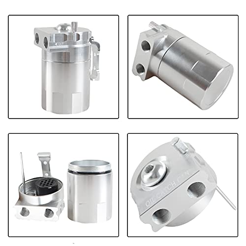 VEHSUN Oil Catch Tank, Aluminum, Universal for Cars and Motorcycles, Oil Catch with Freezer Filter, Flat Head, Cylindrical, Hose Nipple, Outer Di
