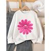 Kids Unisex Crewneck Sweatshirt, 3D Embossed Pink Daisy With Cute Cat Face Center Print Soft Fleece Pullover For Kids Over 4 Years Old