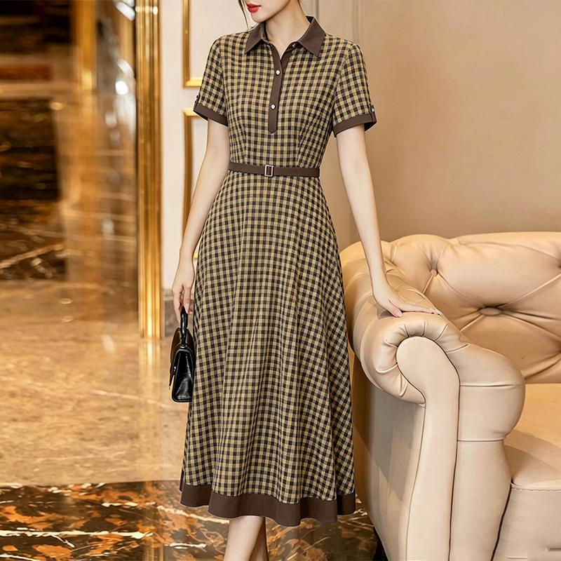 ZANZEA Women Casual Turn Down Collar Grid Print Short Sleeve Long Dress M коричневый