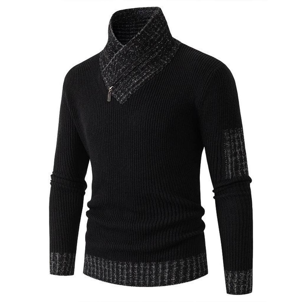 Men's Casual Solid-color Patchwork Style Long-sleeved High-neck Sweater, Men's Fitted Knitted Pullover, Scarf Collar Sweater