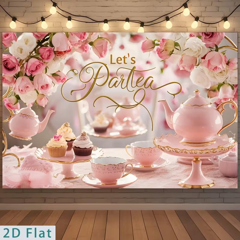

2D Let s Partea Photography Backdrop Elegant Pink Teapot and Rose Tea Party Background 47.2x31.5inch/120*80cm