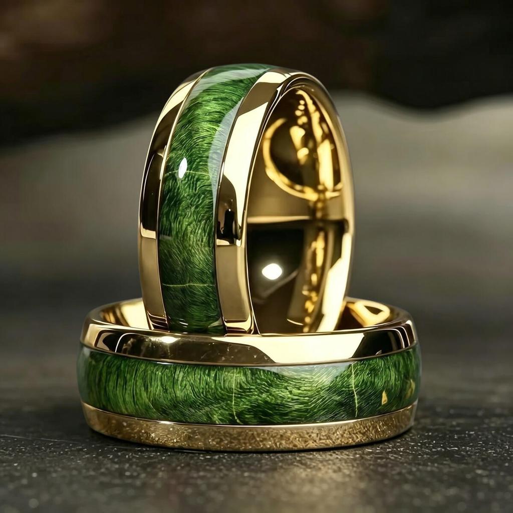 Fashion 8mm Men Stainless Steel Rings Gold Color Brushed Green Koa Wood Inlay Rings for Men Wedding Jewelry Christams Gift