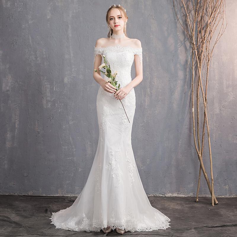 One-word Shoulder Fishtail Light Wedding Dress 1011 New Summer Banquet Small Trailing Catwalk Performance Dress Annual Meeting Hosting Dress