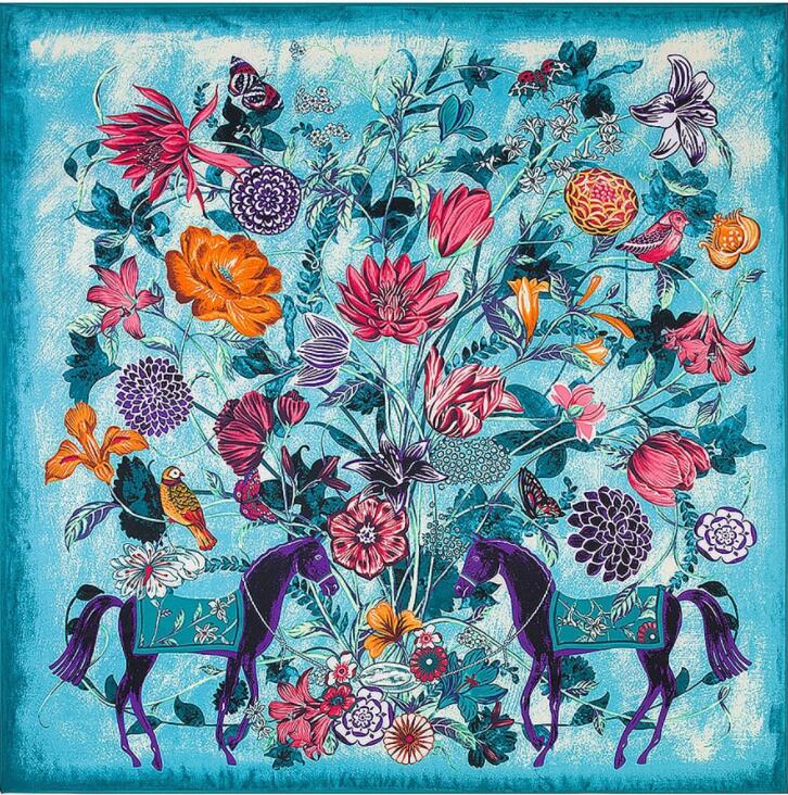 130cm*130cm Luxury Brand Twill Hijab Large Square Scarves Floral Horse Print Twill Shawls Bandana Silk Scarf For Women Headband