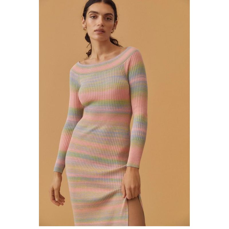 American Style Home ~ Big Round Collar Knitting Stripes Dress Silm Slim Looking Mid Length Long Length