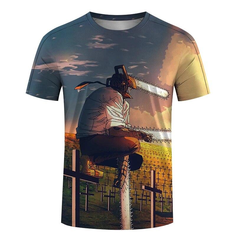 

Японское аниме «Бензопила», мужские летние женские футболки, манга, графический принт, одежда Y2k, забавная мультяшная унисекс, мужская футболка с короткими рукавами