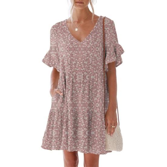 Women Summer Floral Midi Dress Casual V-Neck Ruffle Short Sleeve Flowy Dress Boho Beach