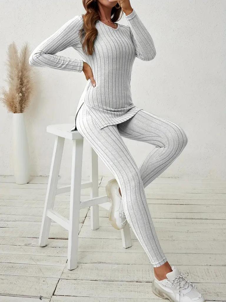 2025 Spring Casual V-Neck Long Sleeve Slit Top & Pants Set