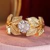 Gorgeous Inlaid White CZ Leaf Women's Ring Creativity Gold Color Hand Carving Daily Wear Party Jewelry Anniversary Gift