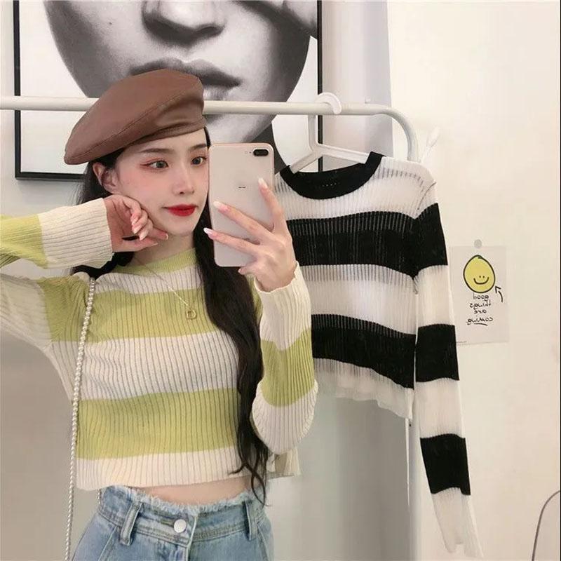 Pruhovaný zkrácený tenký pletený svetr s dlouhým rukávem Dámský ležérní top s kulatým výstřihem Jednoduché spodní tričko Y2k Pulovry Korejská móda