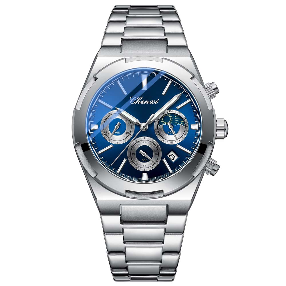 CHENXI Men's Multifunctional Watch with Calendar Moon Phase Chronograph Steel Strap Luminescence Waterproof Reloj Hombre