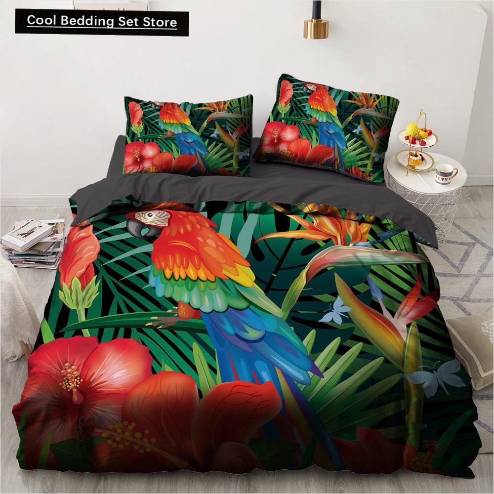 Blume Vogel Königin König Bettbezug Bunt Tropisch Floral Bettwäsche Set für Frauen Aquarell Pflanze 2/3tlg. Polyester Steppdeckenbezug