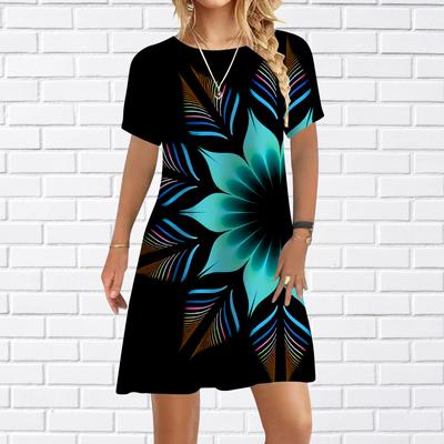 Women Casual Dress Summer Luminous Flowers Print Dresses For Women O-neck Short Sleeve Dress Plus Size