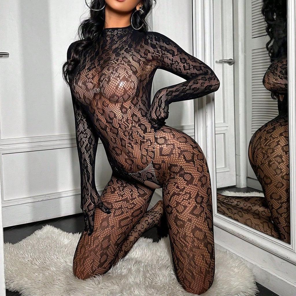 Foreign trade big leopard print erotic underwear open mesh clothes sexy pajamas long sleeves backless one-piece tights