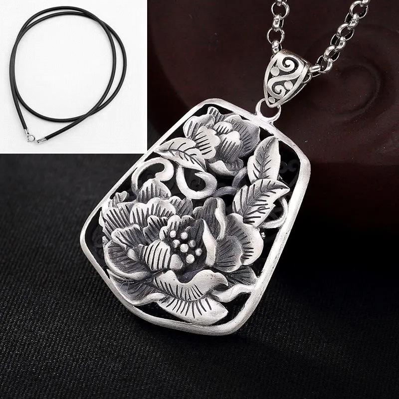 S990 Sterling Silver Peony Pendant: Antique Brushed Ethnic Style for Women s Sweaters