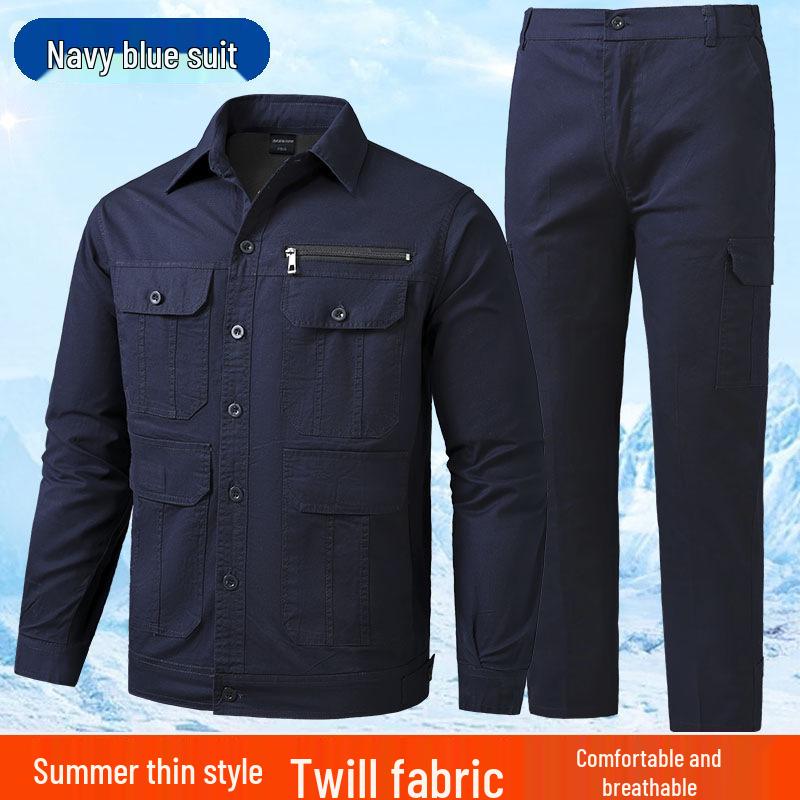 

Мужской летний твиловый хлопковый рабочий костюм - Легкий, свободного кроя с многокарманным дизайном для сварщиков 180 (145-160 jin) темно-синий