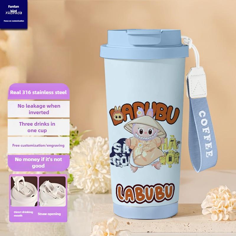 Tecknad Rostfri Stålkopp Högvärdig Termosmugg 3D Dubbel Drickstrå Kaffekopp