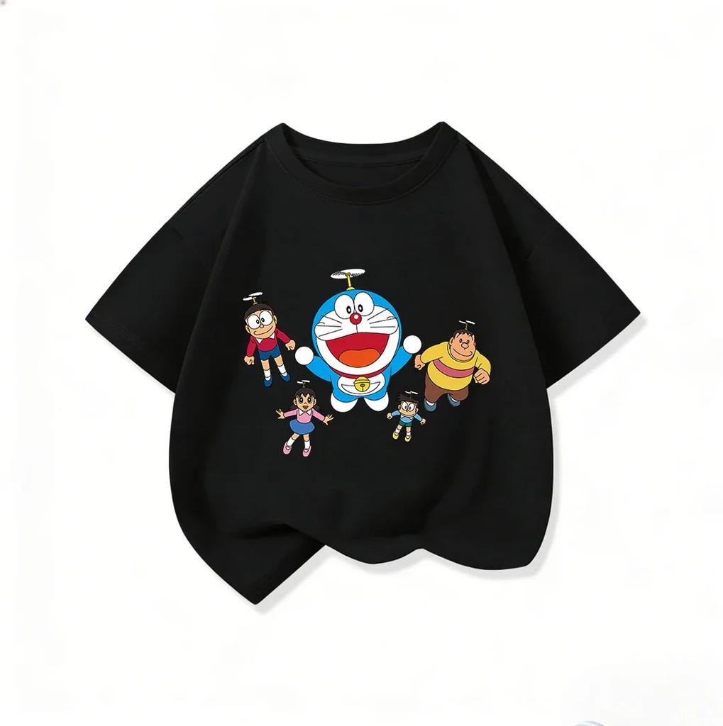 Fashion Children Crew Neck T Shirt Summer Kawaii Cartoon Print Cute Street Style Wear Doraemon Kids Clothes 314Y
